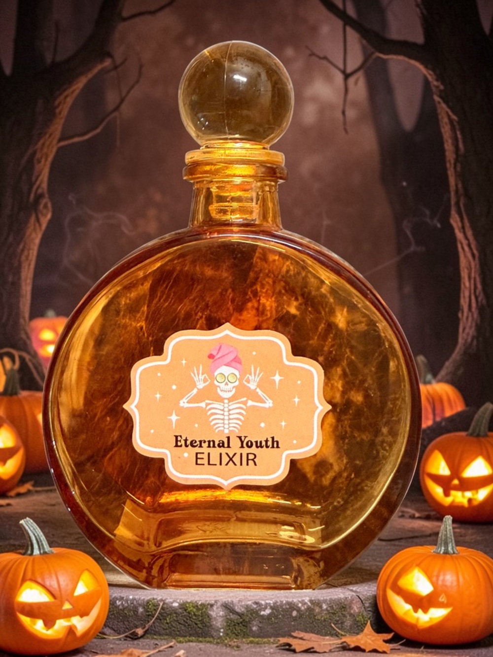 ✨🎃💀NWT Eternal Youth Elixir Halloween Skull Orange Potion Decor Glass Bottle 💀🎃✨